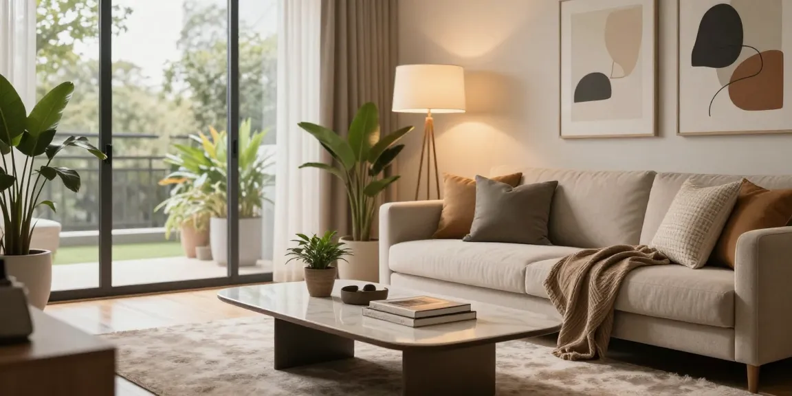 Interior elegant cu lustra led modernă, canapea confortabilă și lumină naturală