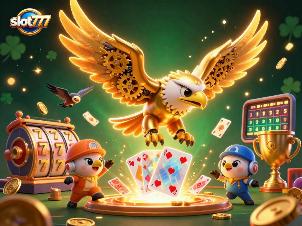 Experience the thrill of slot777 with a stunning 3D illustration of a golden eagle amidst slot reels and casino elements.