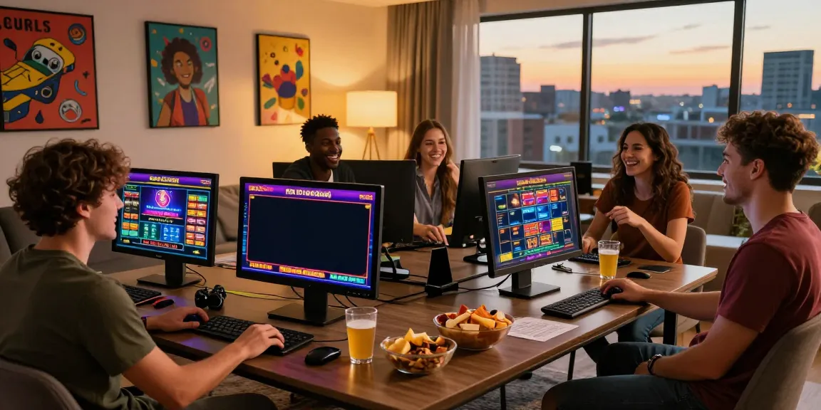 Friends enjoying casinos not on GamStop in a cozy apartment with gaming visuals.