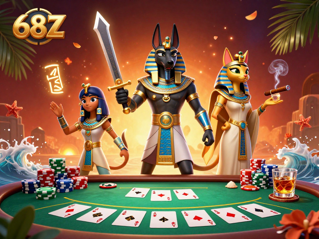 Ilustração detalhada da cena de jogo do cassino 68Z com guerreiros egípcios e elementos de poker.