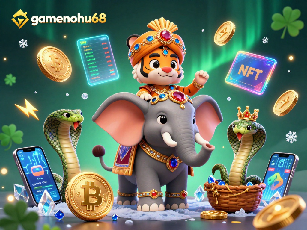 Experience gamenohu68 with vibrant crypto-themed 3D gambling illustration showcasing festive casino elements.