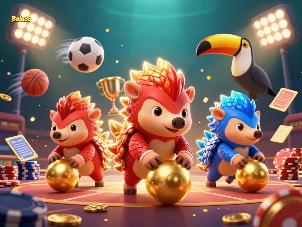 Bola88 features rival pangolins competing in a vibrant casino scene surrounded by golden poker chips and sports balls.