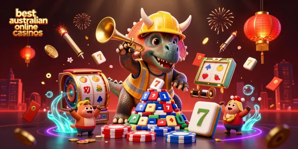 Experience the vibrant energy of the best australian online casinos with lively characters building a poker chip pyramid amidst festive elements.