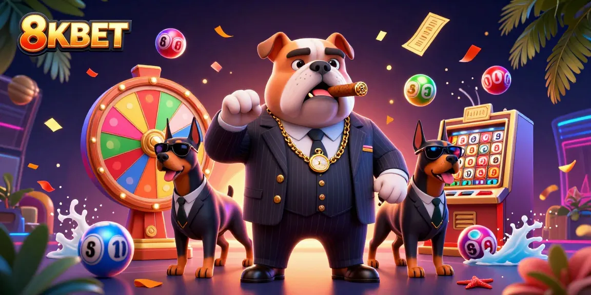 8KBET casino scene with a mafia bulldog and Dobermans, surrounded by lottery elements.