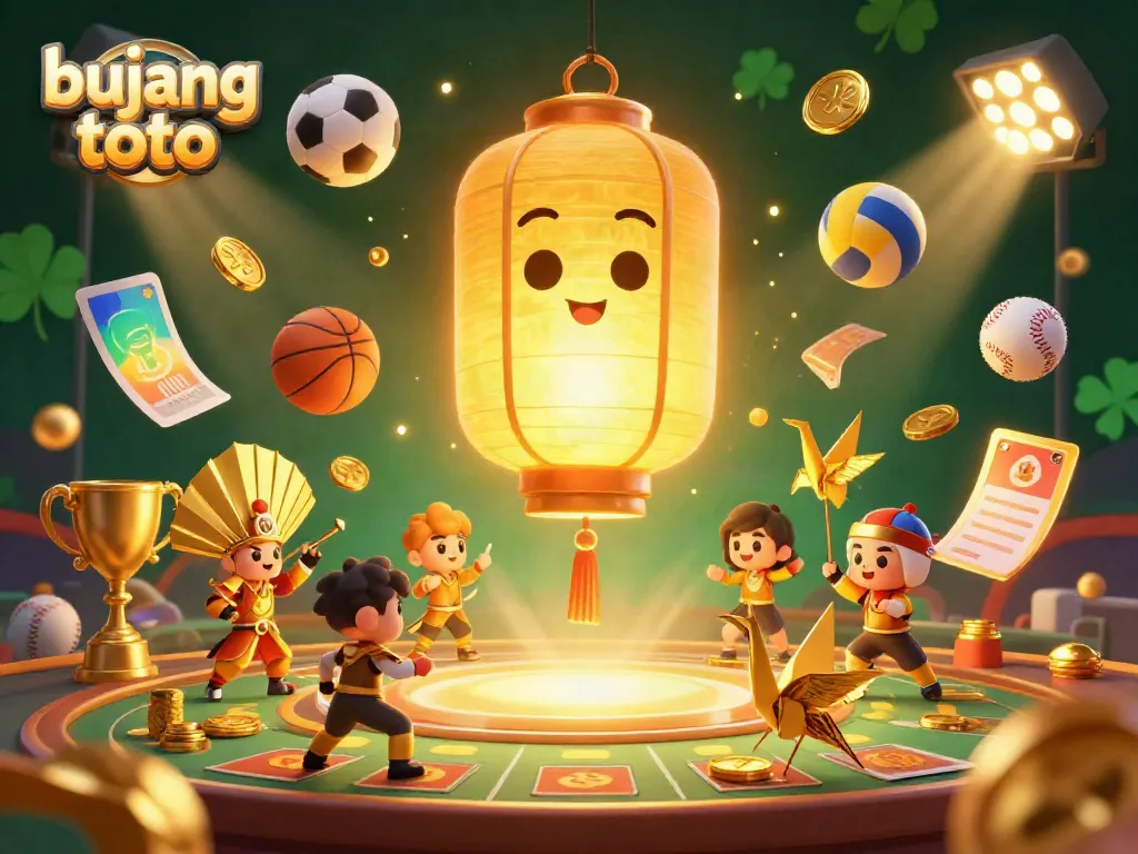 Engage with bujang toto in a vibrant sports betting casino scene featuring a glowing lantern spirit and dynamic 3D sports elements.