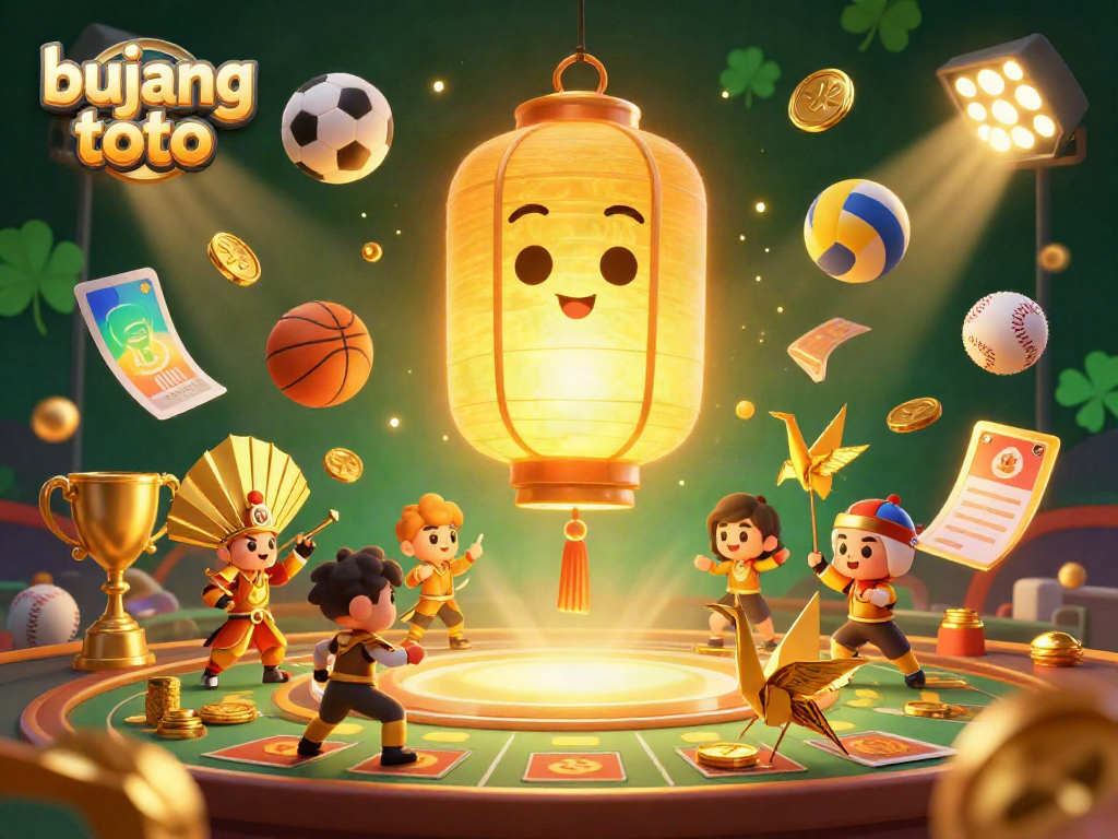 Engage with bujang toto in a vibrant sports betting casino scene featuring a glowing lantern spirit and dynamic 3D sports elements.