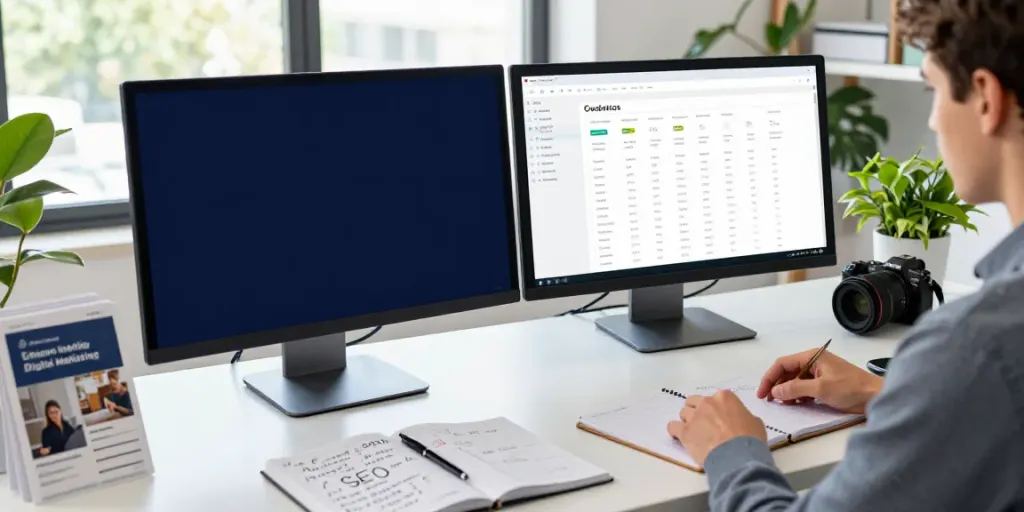 Analyst in dynamic workspace focused on instant indexing tools and data analysis.