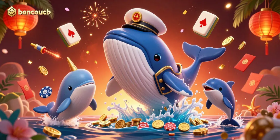 Experience the excitement of bancaucb with giant whale and playful dolphins in a vibrant underwater scene.