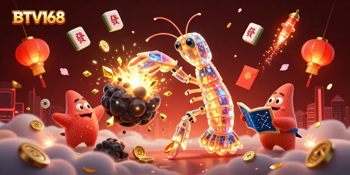 BTV168 galactic samurai mantis shrimp fights an asteroid, unleashing golden gems and coins in a vibrant casino scene.