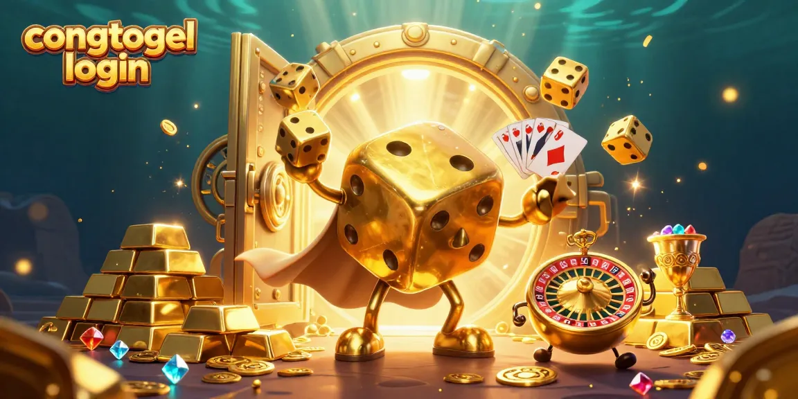Engage with congtogel login through a vibrant 3D casino scene featuring golden dice and treasure.