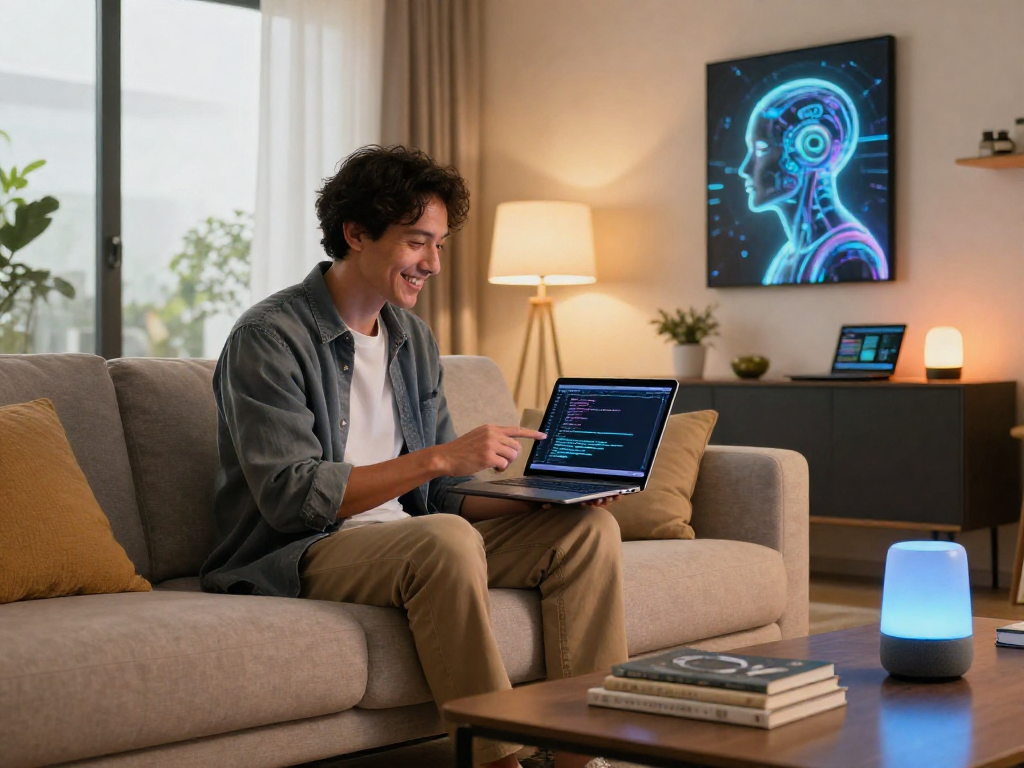 Engaging with AI 18+ technologies in a stylish living room setting, showcasing integration of modern tech.