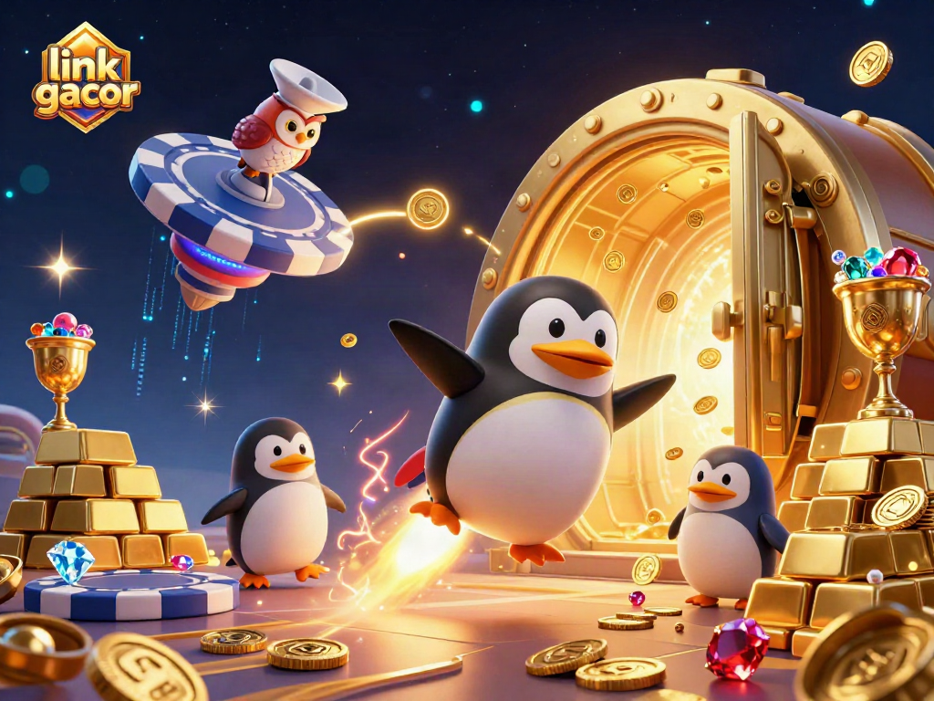 Experience thrilling action in this vibrant 3D illustration featuring link gacor, a golden penguin racing towards a casino space station.