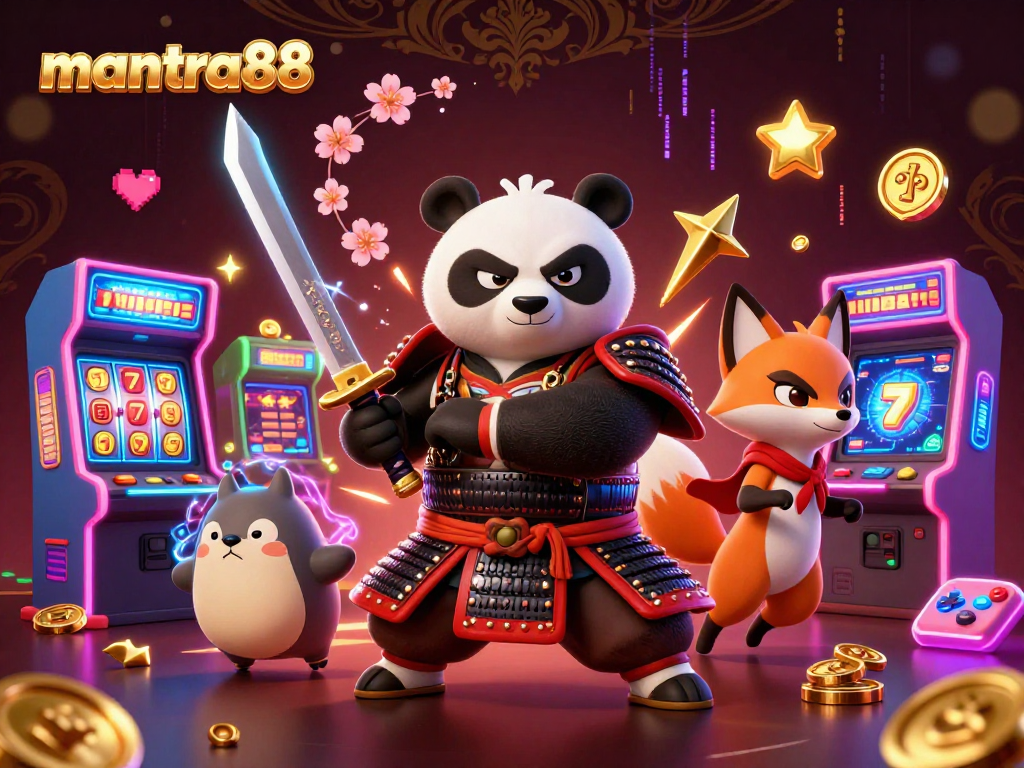 Play thrilling slots at mantra88 with a samurai panda and ninja fox in a vibrant casino scene.