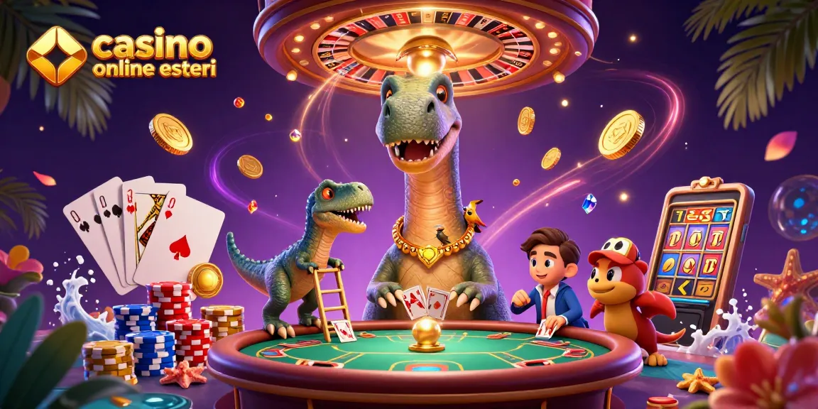 I migliori casino online esteri, slot e giochi d'azzardo mostrati in un'illustrazione 3D colorata e vivace.