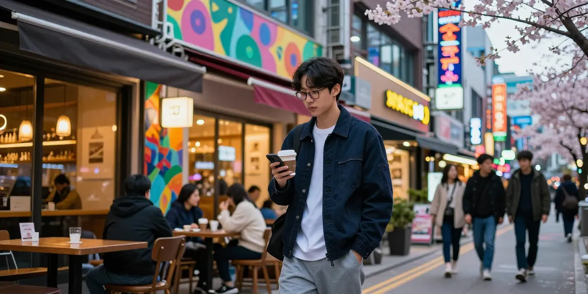 강남 세이렌에서 현대적인 스트리트웨어를 착용한 사람의 모습과 활기찬 도시 풍경