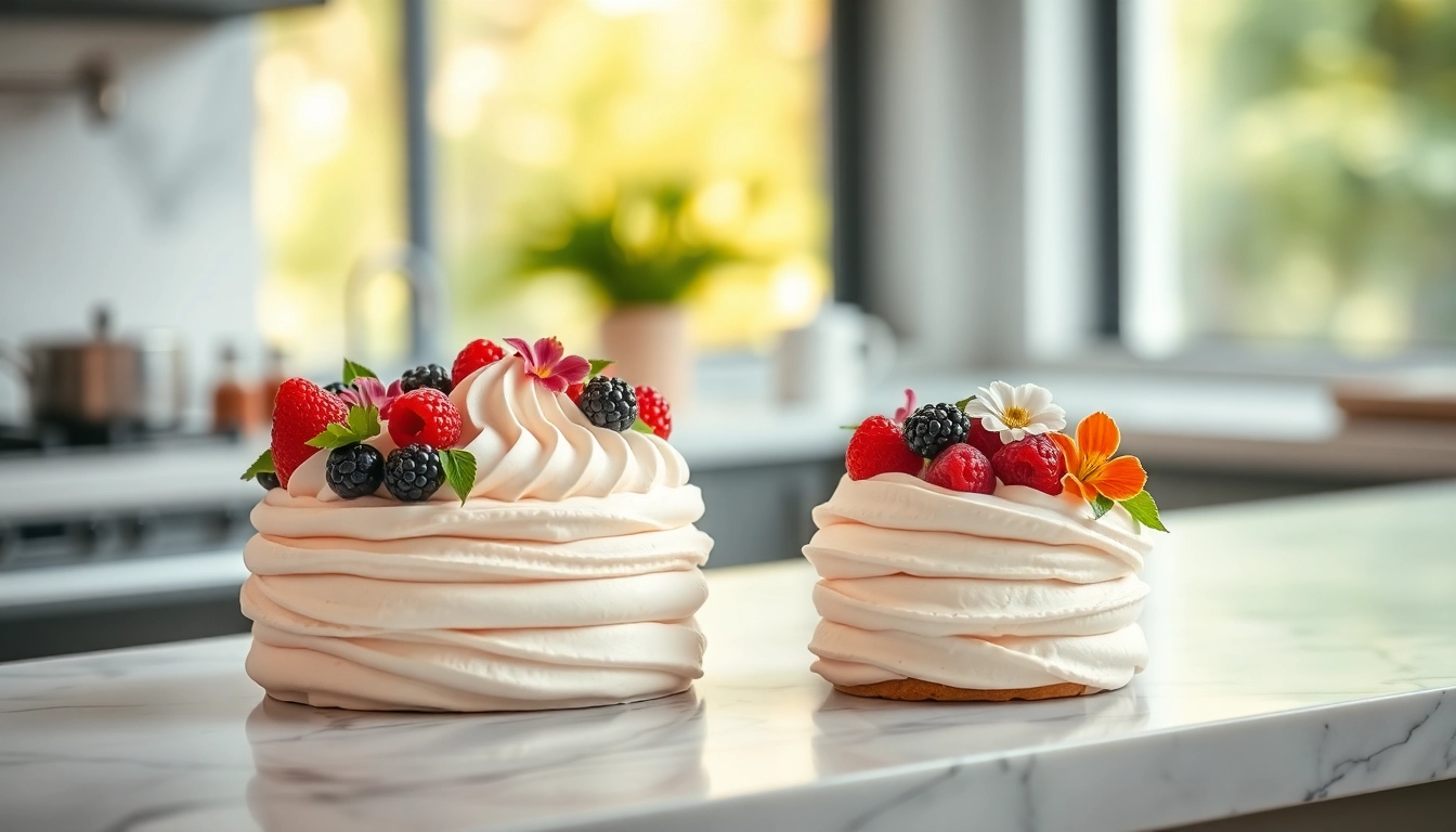 Geniet van een heerlijk mousseline dessert, prachtig versierd met bessen en bloemen.