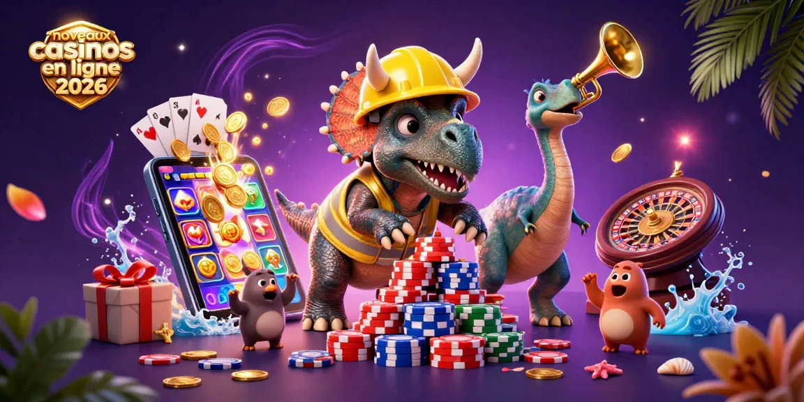 Découvrez les nouveaux casinos en ligne 2026 avec des personnages de dinosaures créant une ambiance festive.
