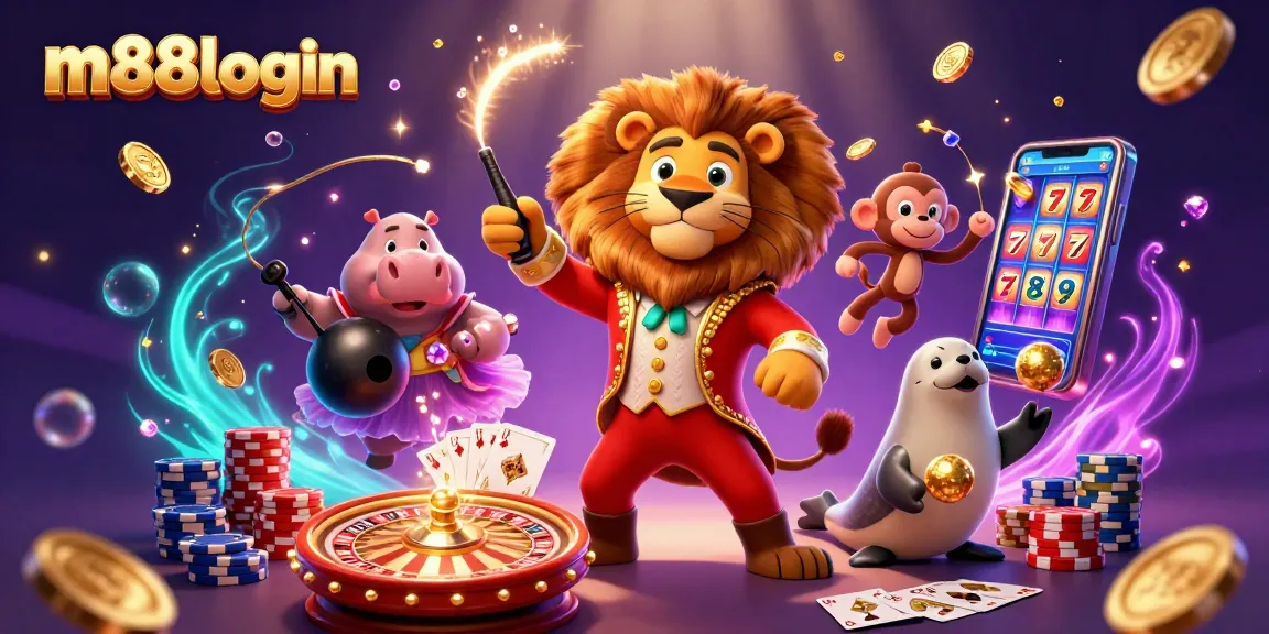 Experience thrilling gaming at m88login with a vivid illustration featuring a captivating circus theme in a casino setting.