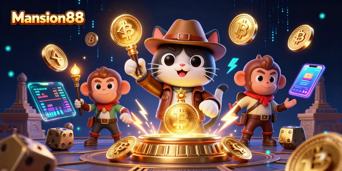 Mansion88 offers an immersive casino adventure with an archaeologist cat and monkey companion amidst golden artifacts and cryptocurrency.