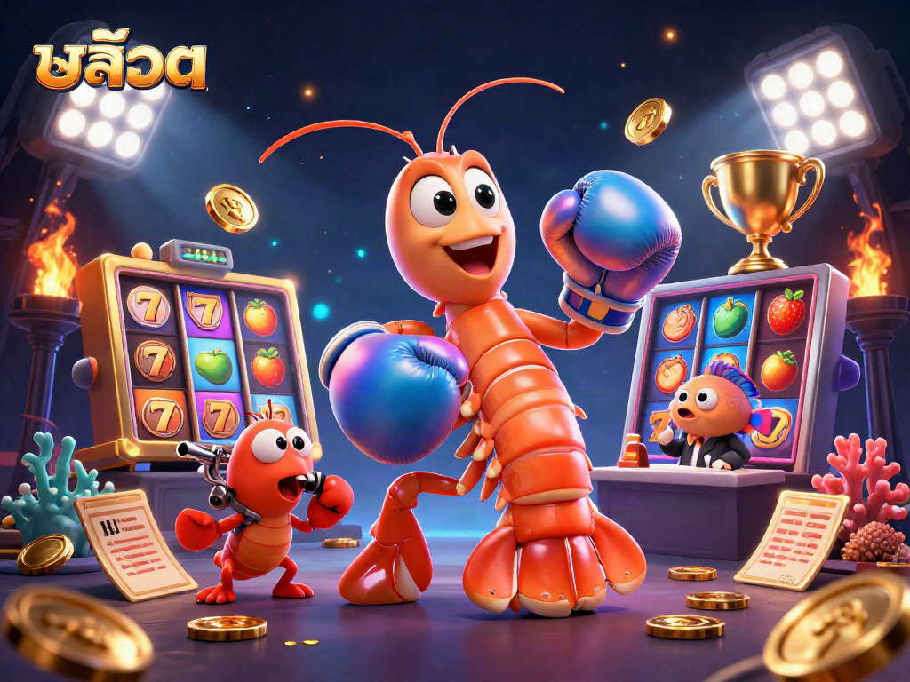 Experience thrilling slots with สล็อต-themed illustration featuring a mantis shrimp and dynamic casino elements.
