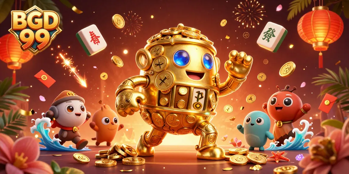Experience the thrill of BGD 99 with a dynamic golden golem surrounded by vibrant casino symbols.