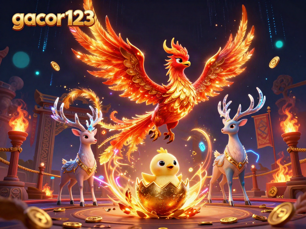 Experience gacor123's thrilling adventure with a majestic fire phoenix and mystical stag in a vibrant casino atmosphere.