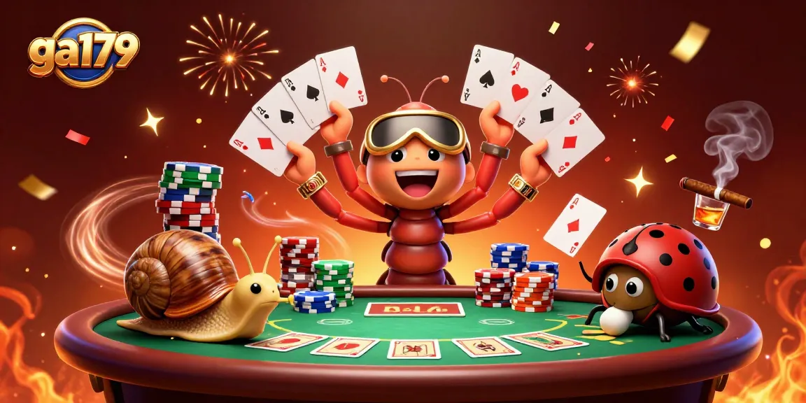 Experience the excitement of ga179 as cartoon characters deal cards and stack chips at a vibrant poker table.