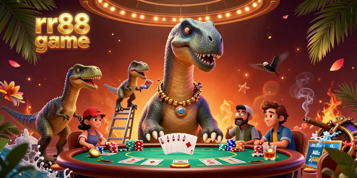 Engage with rr88 game at a vibrant 3D illustration featuring a colossal brontosaurus overlooking a thrilling poker table.