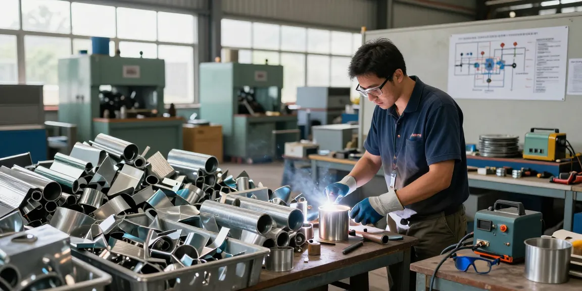 Profesional memeriksa bahan logam bekas berkualitas tinggi di https://www.scrapsolutionplace.com/ dengan pencahayaan alami dan alat industri.