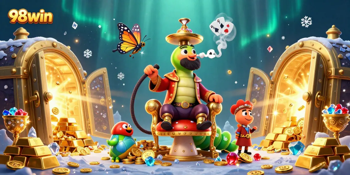 Engage with 98win's captivating treasure hunt in a detailed 3D casino illustration.