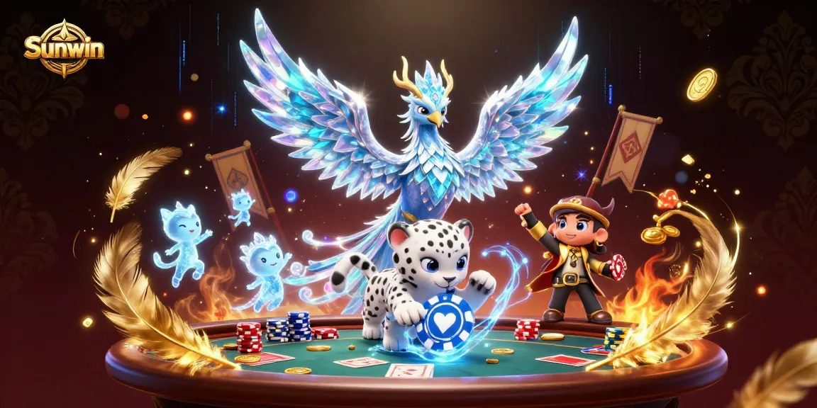 Engage with Sunwin's thrilling poker atmosphere featuring a vibrant ice phoenix and playful cub.