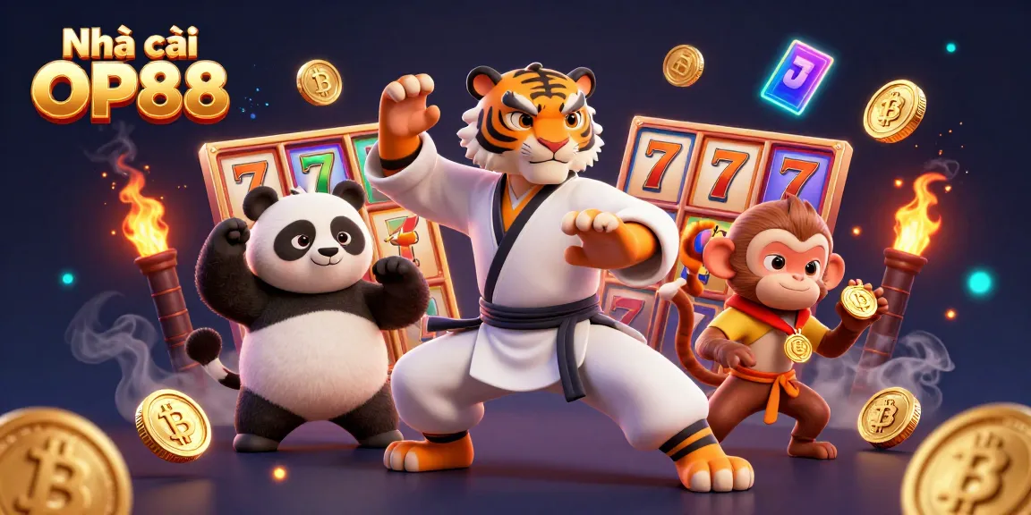 Experience thrilling slots and jackpots with Nhà cái OP88 in this vibrant 3D casino scene.