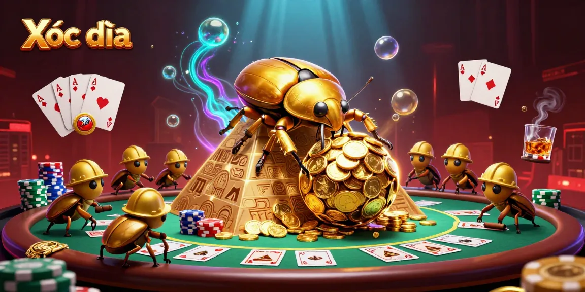 Xóc đĩa game scene with golden beetles, poker chips, and casino atmosphere