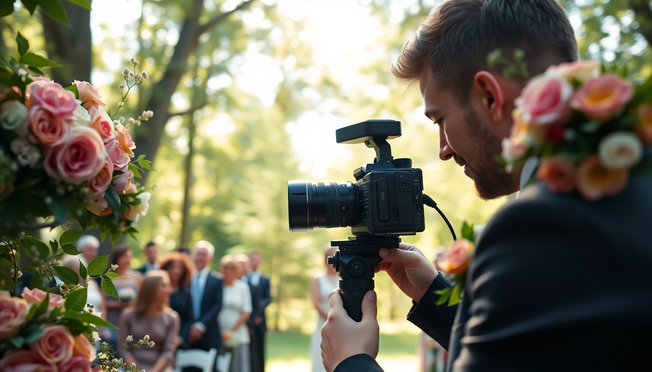 Edmonton videographer professionally capturing an outdoor wedding ceremony in natural light.