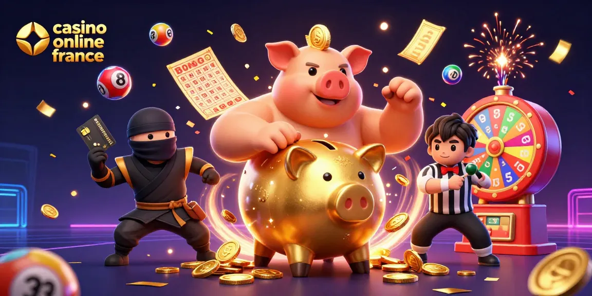 Une scène dynamique mettant en avant le piggy bank sumo dans le casino en ligne France, avec des jetons et des ballons de loterie colorés.