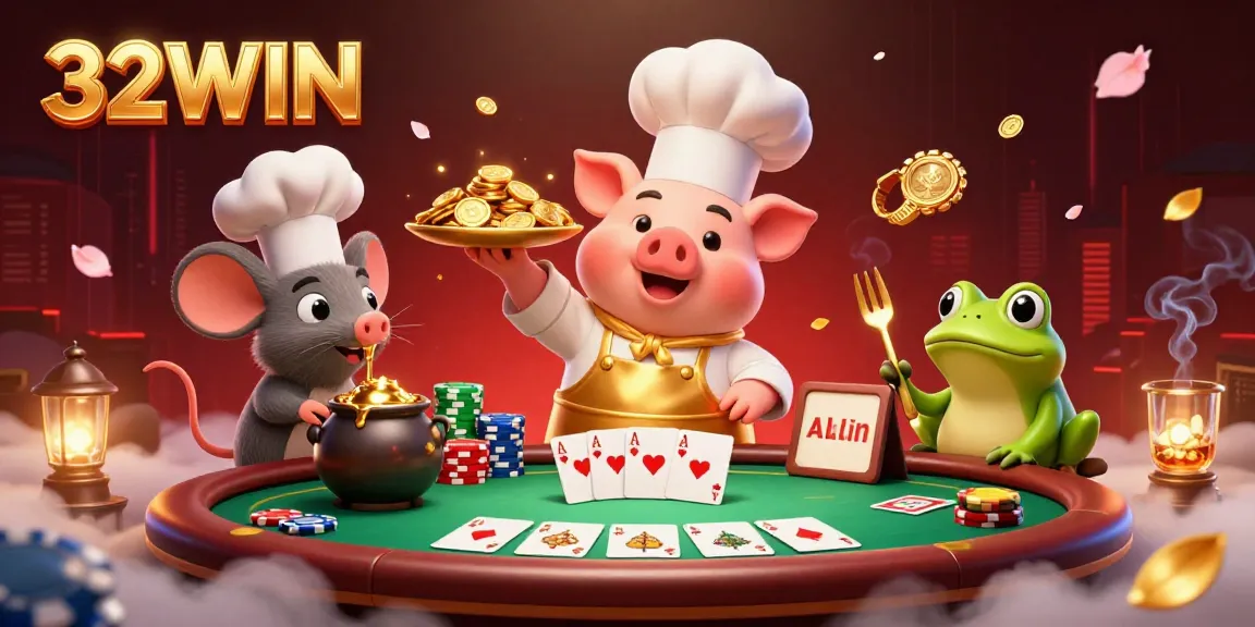Experience the thrill of 32WIN with gourmet gold coins, poker chips, and casino action!