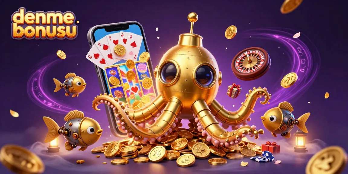 Experience the excitement of deneme bonusu through a vibrant casino adventure illustration featuring a golden kraken and dynamic game elements.
