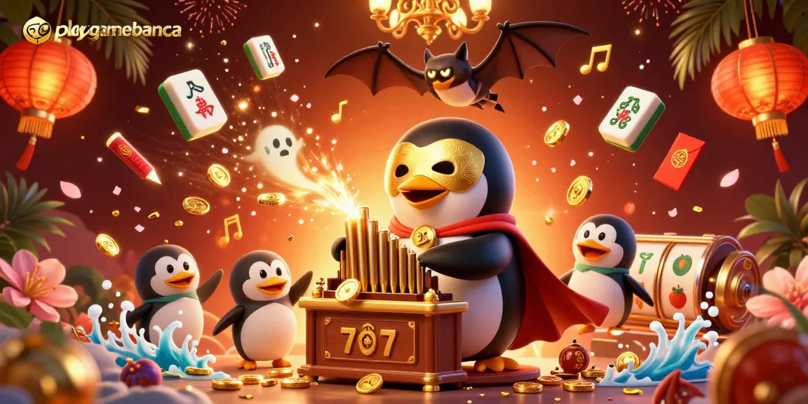 Experience playgamebanca's thrilling moments with a phantom penguin, golden coins, and festive casino elements.