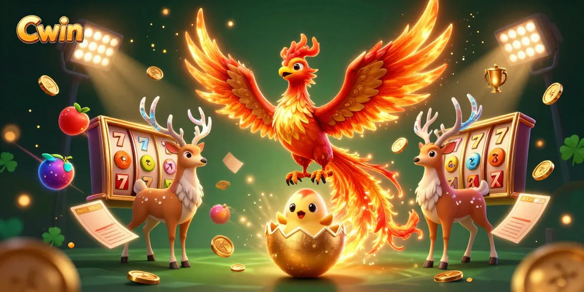 Experience thrilling gameplay with Cwin's vibrant casino illustration featuring a fire phoenix and mystical stag.