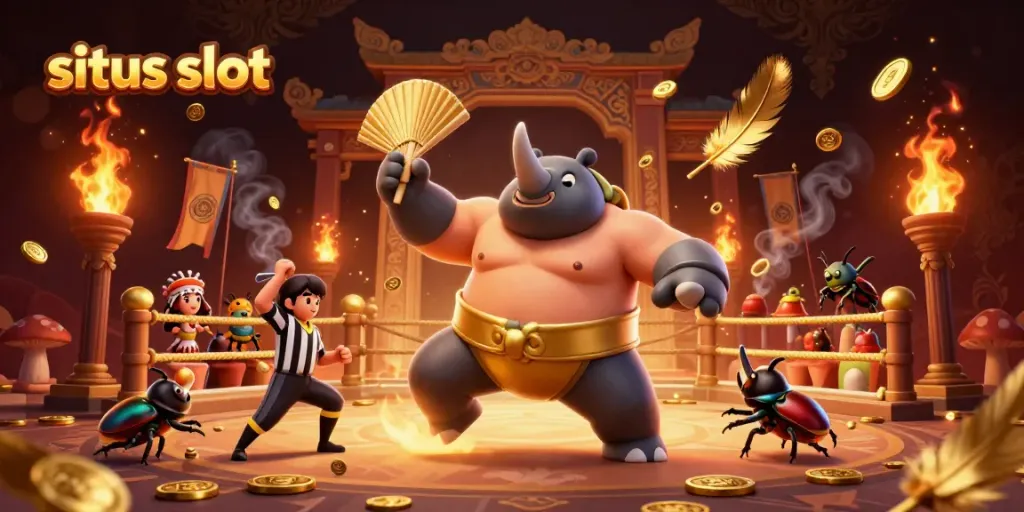 Visualisasi situs slot dengan karakter serangga di arena dengan koin emas beterbangan.