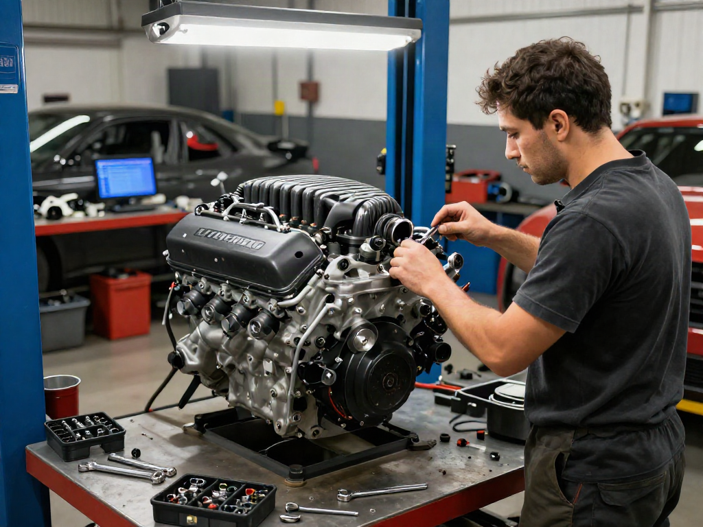 Hellcat motor for sale showcased by a mechanic inspecting its components in a vibrant auto workshop.