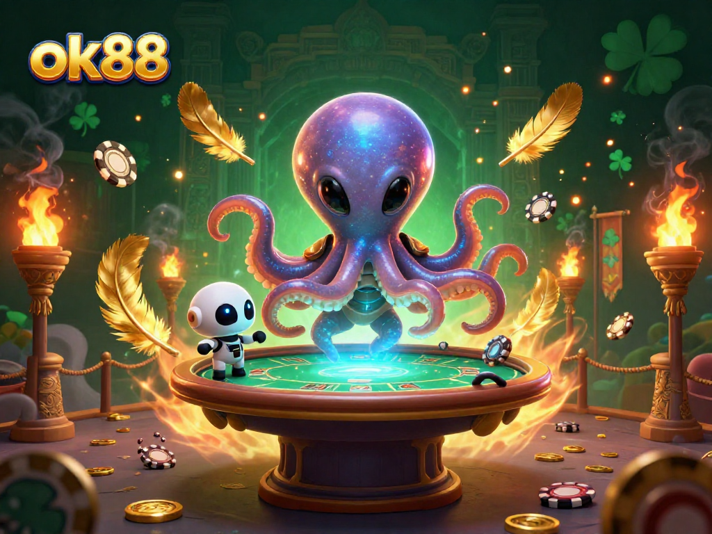 Engage in exciting gameplay at ok88 with a vibrant 3D casino scene featuring alien octopus and robot