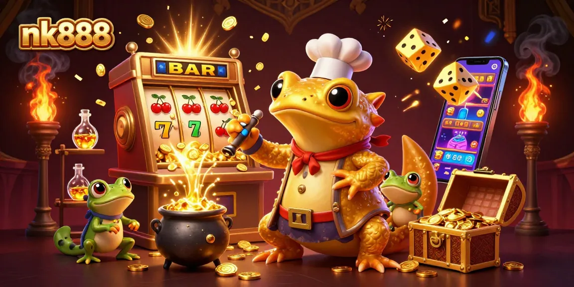 Win big with nk888 in a vibrant 3D scene showcasing a golden alchemist and entertaining game elements.