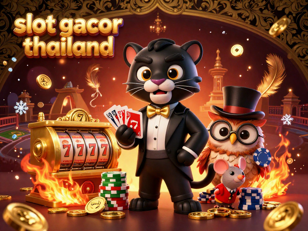 Engage with slot gacor thailand through an exciting 3D scene of a panther dealer, owl with poker chips, and lucky mouse.