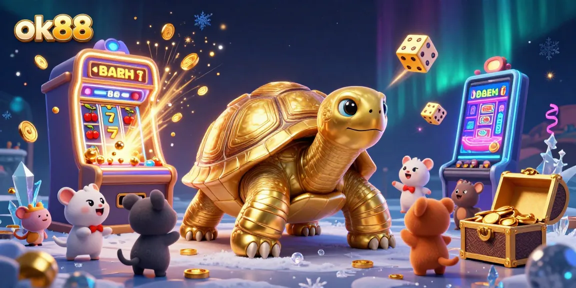 Experience jackpot excitement with ok88 in this vibrant casino illustration featuring a golden tortoise pinball machine.