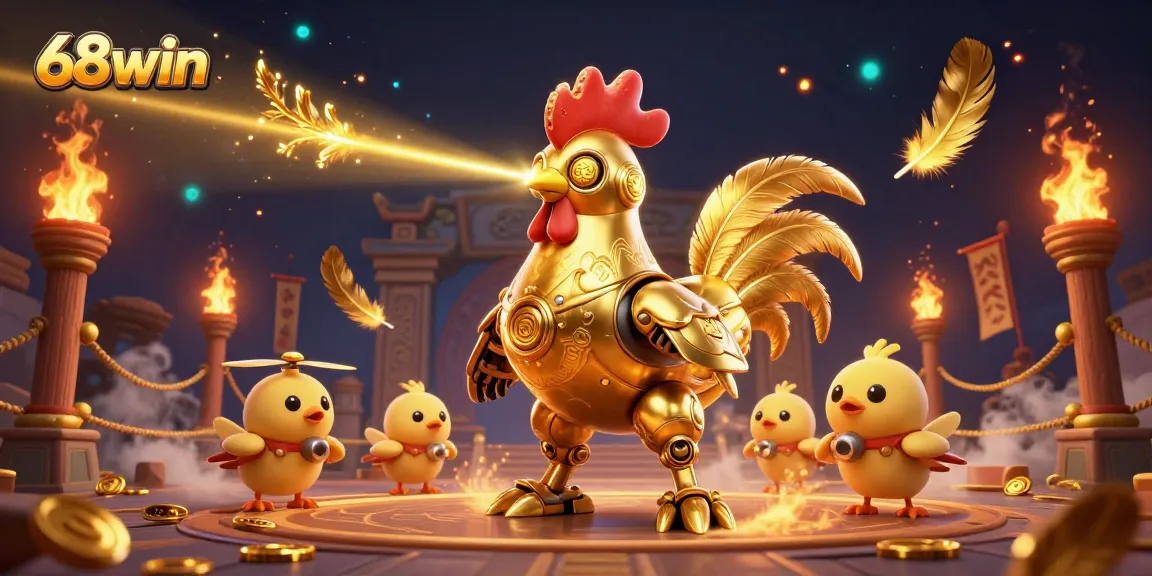 Experience thrilling action with 68win's cartoon-style scene featuring golden rooster robot and colorful drones.
