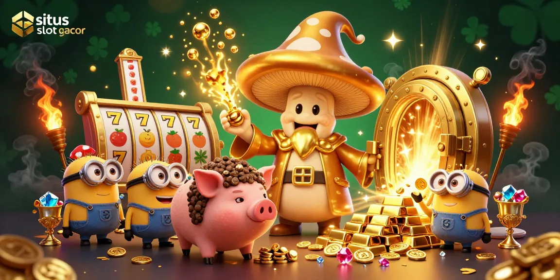 Experience situs slot gacor with a magical 3D casino scene showcasing a golden wizard and treasures.