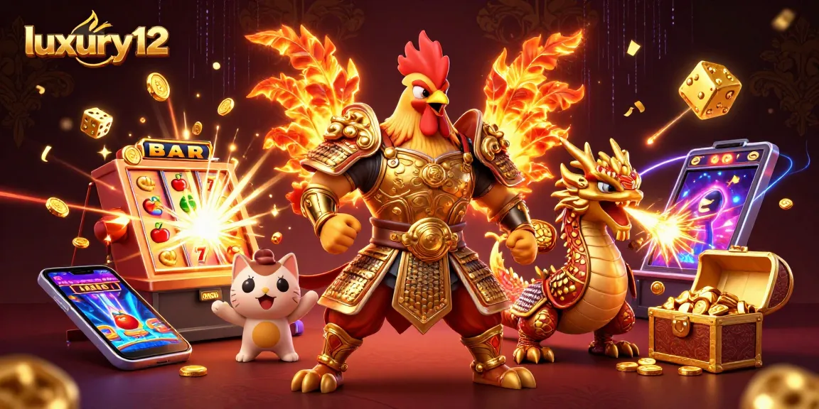 Slot jackpot luxury12 dengan karakter ayam petarung dan naga, penuh koin dan efek meriah.