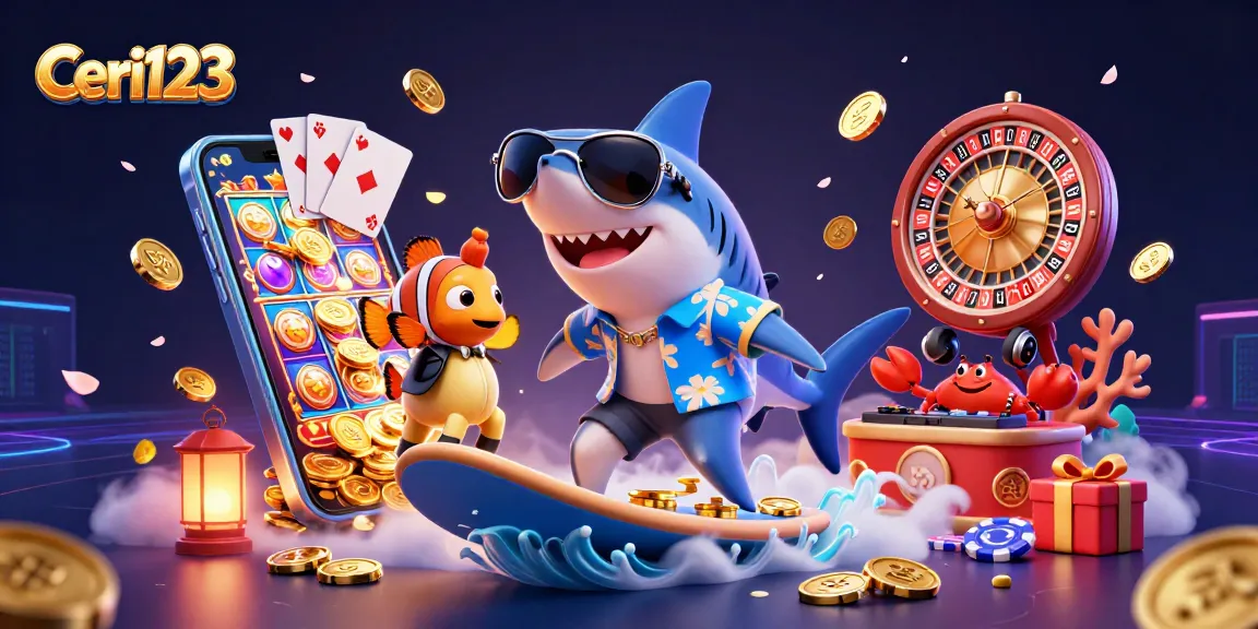 Ceri123 celebrates winning with an energetic casino scene featuring a hammer-head shark surfing on gold coins and vibrant slot game elements.