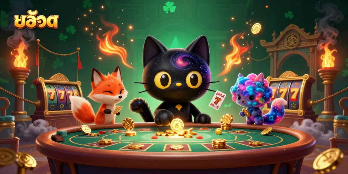 Experience thrilling สล็อต gameplay with charismatic characters and swirling cosmic elements in this vibrant illustration.